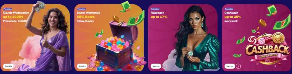 Painel promocional do cassino Candy Spinz com vários bônus de depósito e recarga.